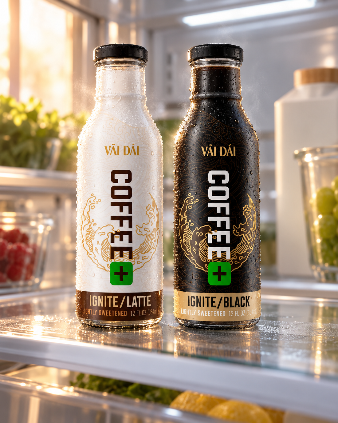 Two chilled bottles of Vai Dai coffee on a fridge shelf, beaded with condensation